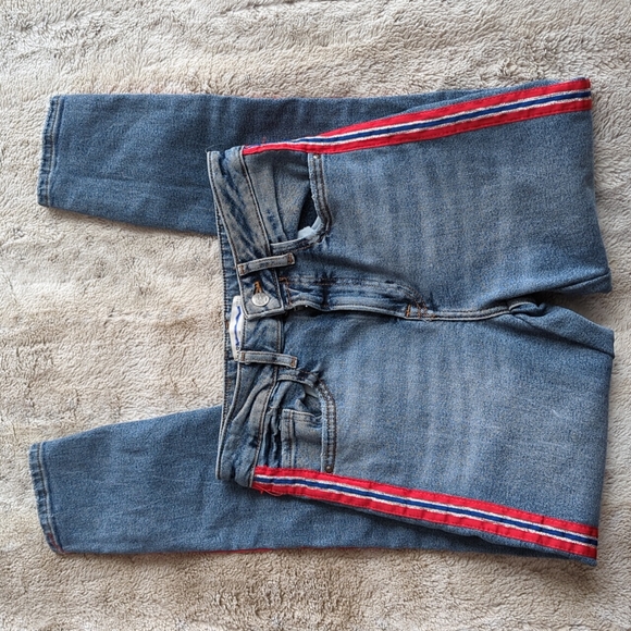 Zara Denim High Rise Red Side Stripe Skinny Jeans Size 4 Waist - Picture 2 of 5